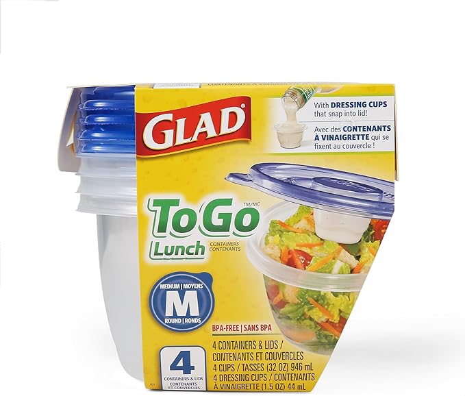 Glad GladWare To Go Lunch Food Storage Containers - Medium Round - Meal Container Holds up to 32 Ounces of Food - Lock Tight Seal, 4 Count - 6 Pack