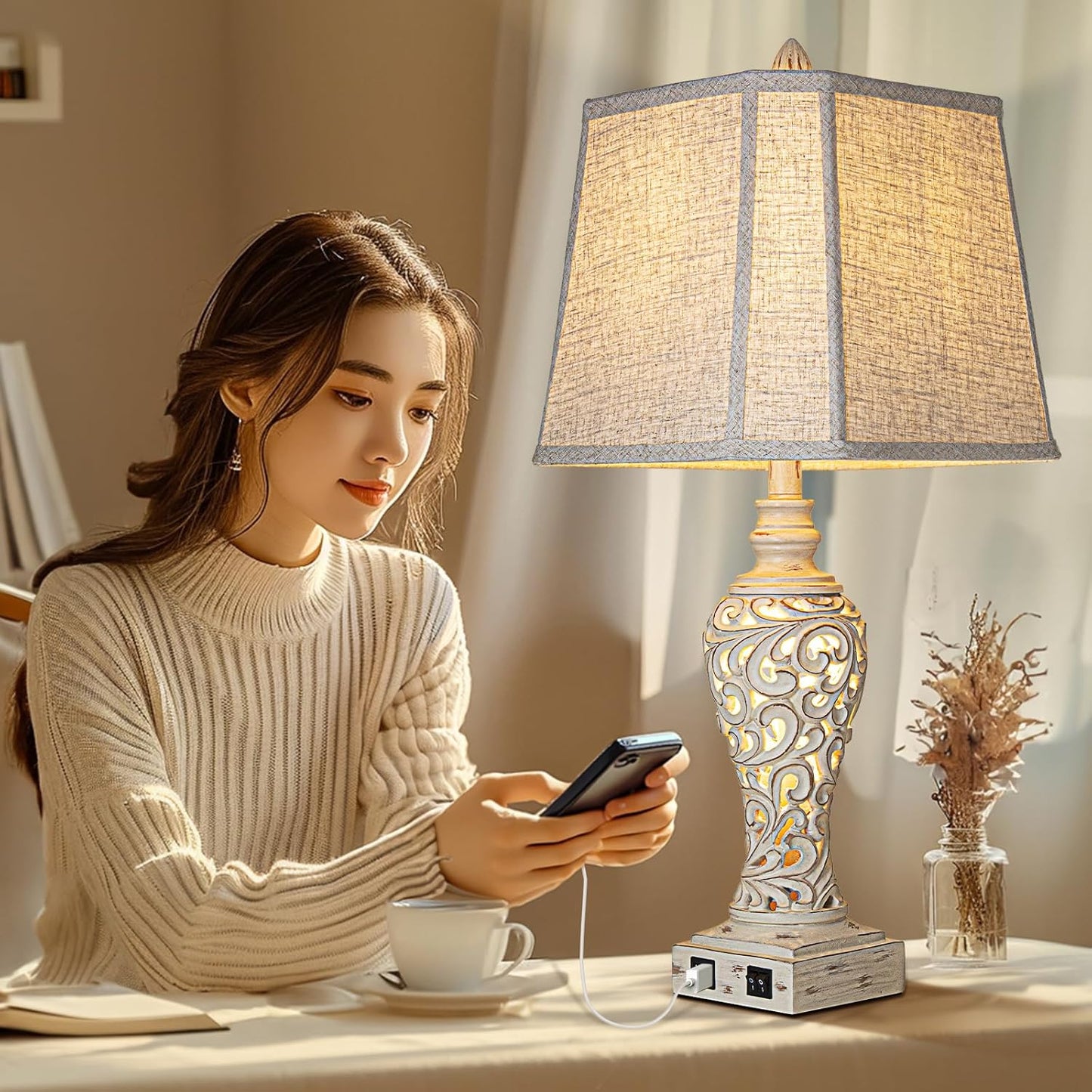 Linen Fabric Table Lamps Set of 2 – USB Port, Night Light, 28.5" Bedside Lamp