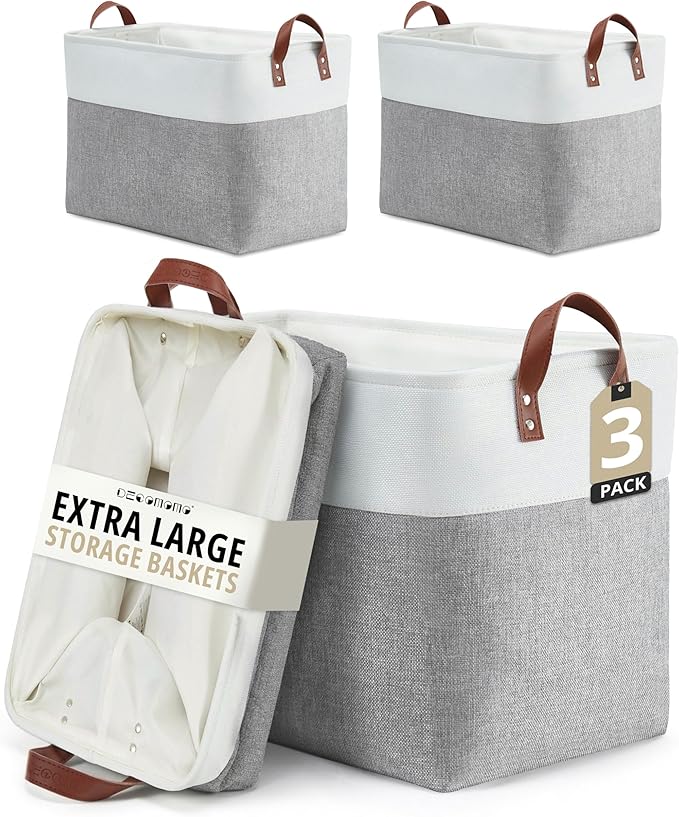 DECOMOMO Extra Large Storage Baskets, Fabric Storage Bins with Handles for Organizing Shelves, Toys, Nursery, Laundry (Grey & White, 3pcs)