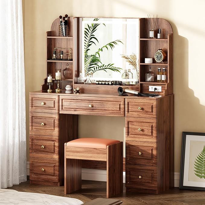 43" Makeup Vanity Desk with Mirror and Lights, & Power Outl, Glass Top Big Vanity Table with 9 Drawers& 8 Storage Shelves, Dressing Table Set with Chair for Bedroom, Walnut