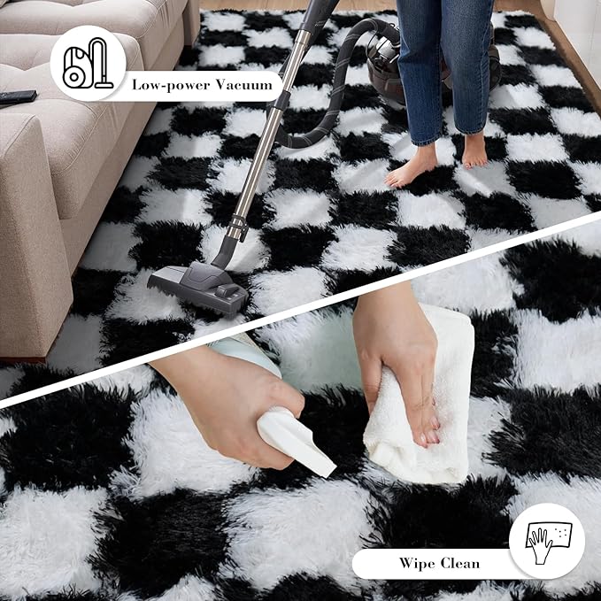 Checkered Rug for Bedroom, 5x8 Black and White Area Rugs, Classic Checkered Carpets Shaggy Area Rug, Bedside Rugs for Living Room Bedroom Kids Room Home Decor