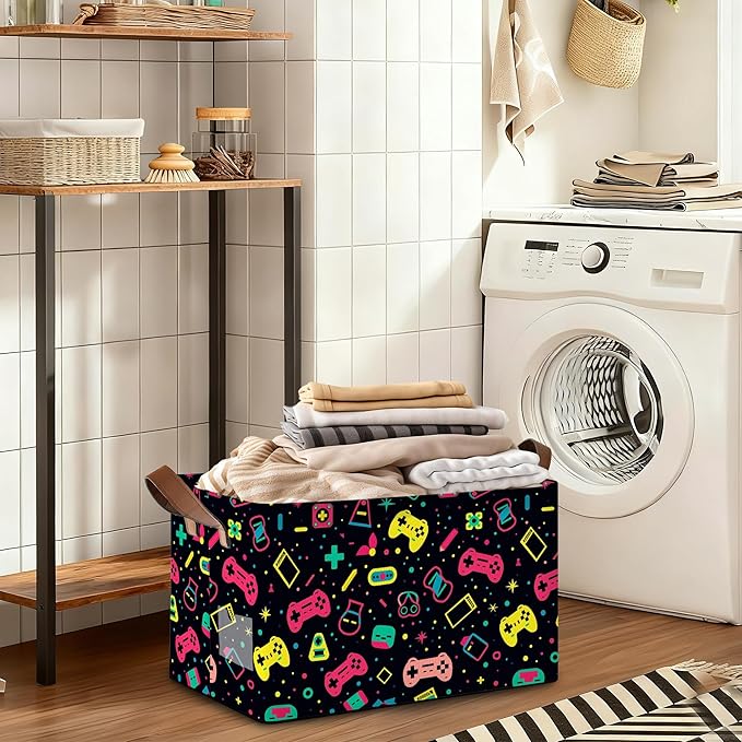 Decorative 32L Colorful Game Controller Storage Bins with Handles, Organization and Storage, Cube Storage Organizer for Hamper, Nursery