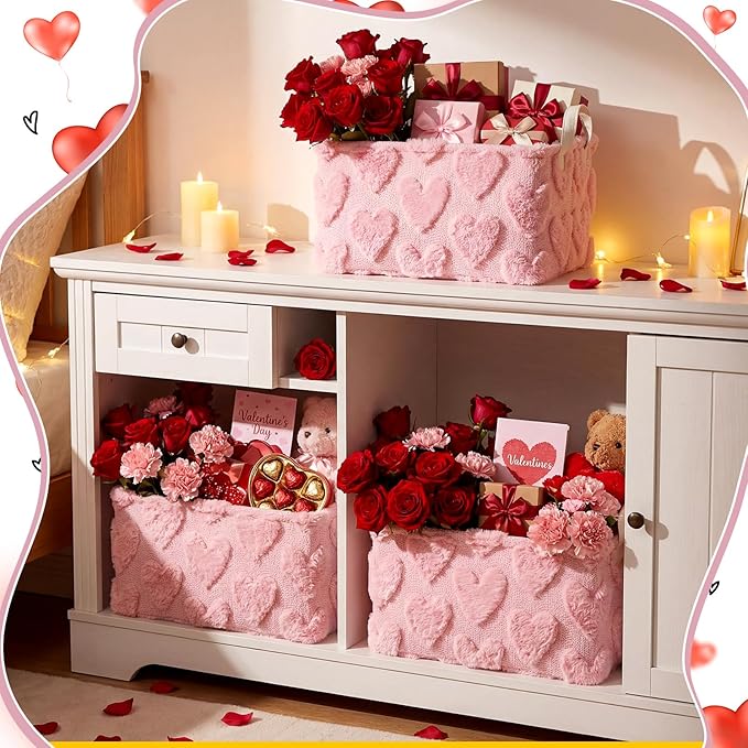 Kathfly Pink Heart Storage Baskets Valentine's Day Plush Faux Fur Jacquard Design Laundry Basket with Handles Waterproof Storage Bins Fabric Shelf Baskets for Organizing