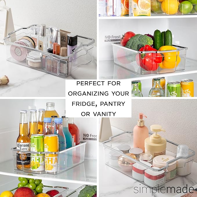 SIMPLEMADE Clear Refrigerator Organizer Bins - Clear Bins for Fridge, Containers for Fridge and Freezer, Multipurpose Storage for Kitchen, Office, Bathroom, Silver Rim (8" x 12")