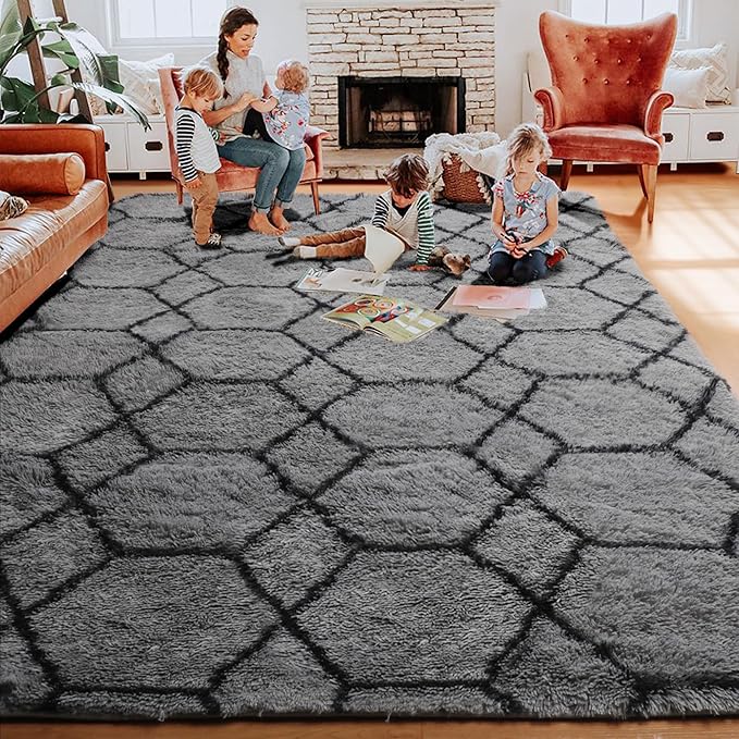 ONASAR Rugs for Living Room, Fluffy Soft 5x8 Grey and Black Geometric Area Rug for Bedroom, Shaggy Fuzzy Plush Moroccan Floor Carpet for Kids Boys Girls Teen Nursery Dorm Office Home Decor Aesthetic