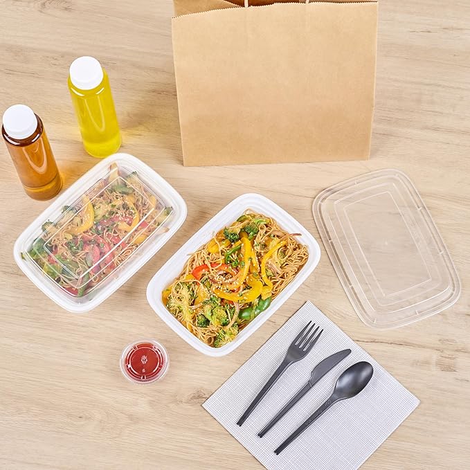 Restaurantware-Asporto 24 Ounce Take Out Containers, 100 Food Containers With Lids - Microwavable, Disposable, White Plastic To Go Boxes For Food, No BPA, For Take Out And Delivery