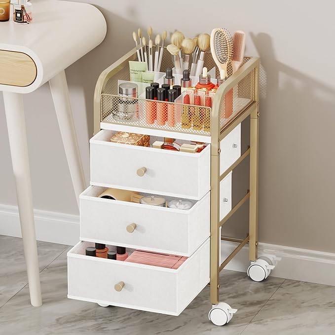 SWTYMIKI Rolling Makeup Organizer Cart - Floor Skincare Make Up Storage with 3 Non-woven Drawers, Vanity Organizer Cosmetic Display Cases Cabinet for Skin Care Perfume Nail Polish Brush Hair Tool