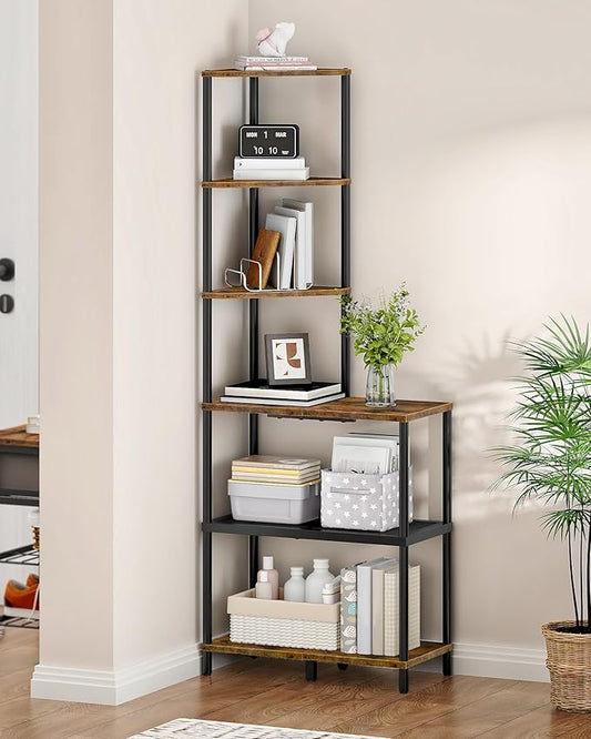 6-Tier Corner Shelf, Industrial Corner Bookshelf with Desk Top, Diamond-Shaped Storage Shelves, Display Stand for Small Spaces, Living Room, Home Office, Foyer, Rustic Brown and Black TCJ70BF