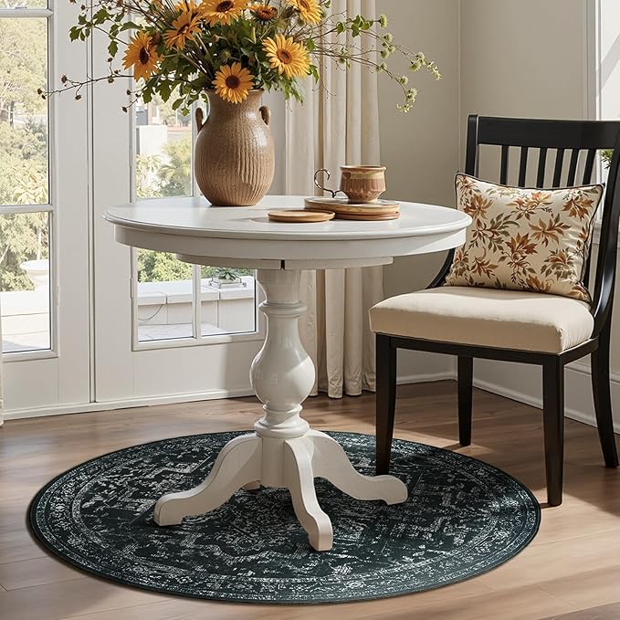 Round Rugs 4ft Black White, Low Pile Thin Washable Non Slip Small Circle Rug for Entryway Kitchen Dining Room, Tranditional Medallion Round Carpet for Bedroom Living Room