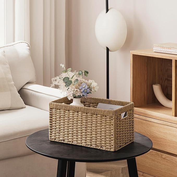 joybest Shelf Storage Wicker Baskets, 4-Pack Woven Paper Rope Baskets for Organizing, Foldable Rectangular Bin with Handles for Pantry, 13.4L x 8.3W x 7.1H Inch, Natural