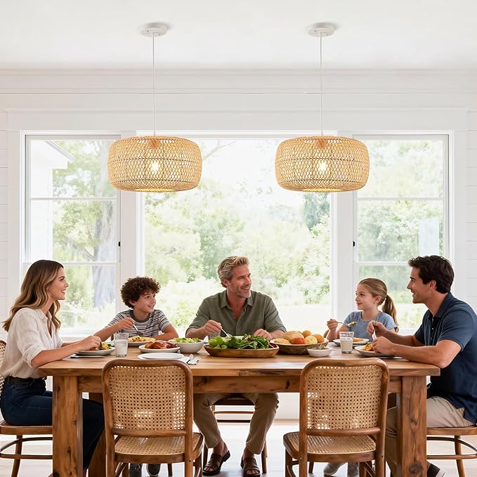 Hand-Woven Rattan Drum Pendant Light, 16in Boho Wicker Chandelier Hanging Lighting Fixture Coastal Pendant Lights for Dining Room Kitchen Island Living Room Bedroom Foyer Entrance