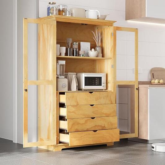 Kitchen Pantry Cabinet 44.7Wx20Dx75H inch, Freestanding Storage Display Cabinets with Glass Doors and 4 Built-in Drawers for Living Room, Home Office,Natural