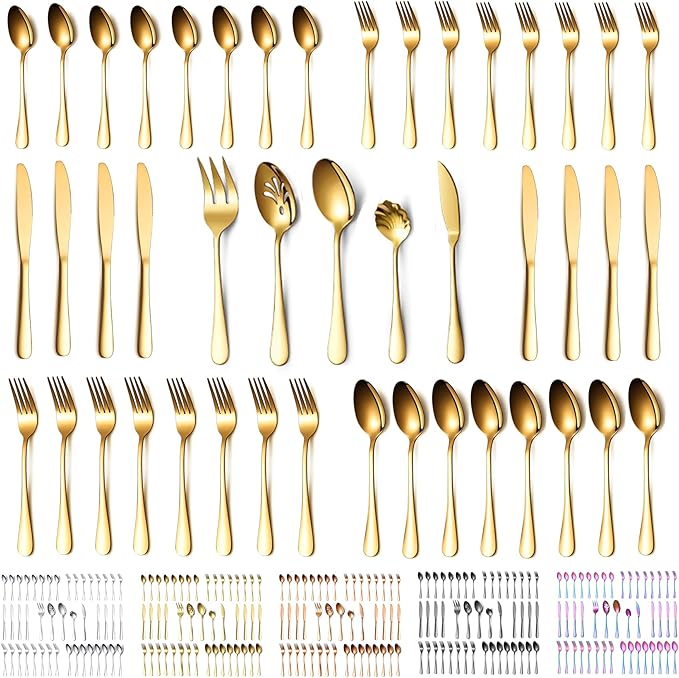 Kyraton Gold Silverware Set 45 Pieces Service for 8,Titanium Golden Plating Flatware Sets Cutlery Set, Spoons and Forks Silverware Dishwasher Safe, First Apartment Must Haves Utensils Set
