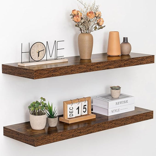 36 Inch Floating Shelves, 12" Deep Floating Shelf Wall Mounted, 36" Wall Shelves, Rustic Deep Bookshelf, Extra Deeper & Thicker Display Shelves for Bedroom, Living Room, Brown, Set of 2