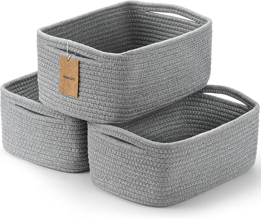 3-Pcs Shelf Baskets for Organizing, Closet Organizer Bins, Small Woven Baskets, Rope Toy Basket, Storage Basket for Shelves, Cube Decorative Box, 11.8×7.8×5.1”, Grey