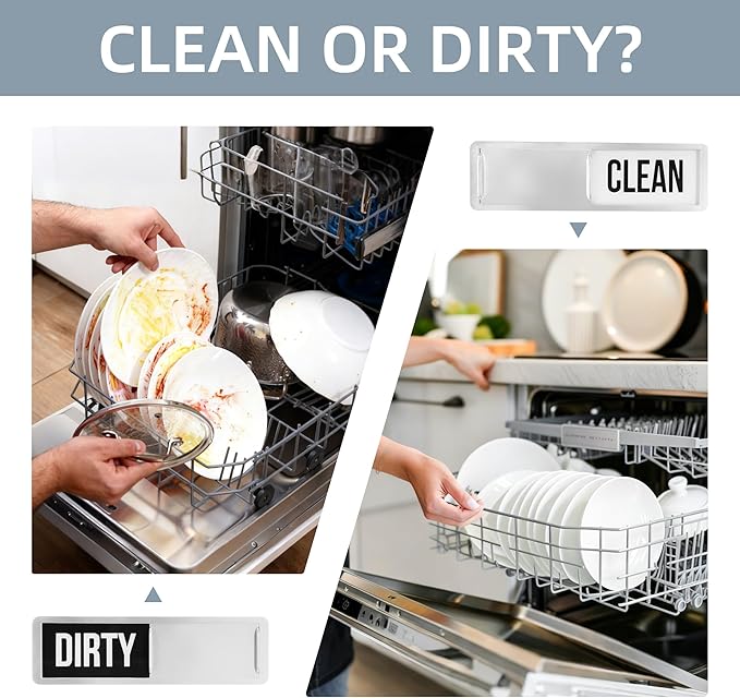 Dishwasher Magnet Clean Dirty Sign, Strong Magnet Clean Dirty for Kitchen Refrigerator, Easy to Read and Slide, Self-Adhesive Stickers for Non-Magnetic Dishwasher（Black White）