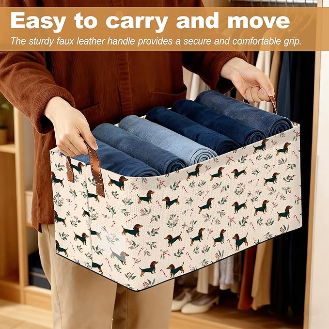 Christmas Dachshund Storage Bin with Handles, Basket Storage Organizer for Shelves, Closet, Nursery, Book, Laundry Hamper & Home Decor