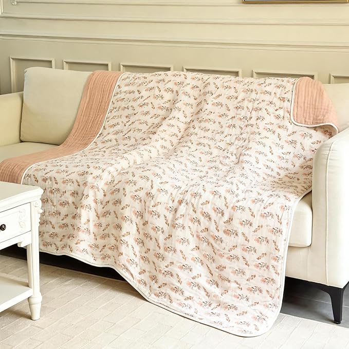 SANACYNA Muslin Blankets 100% Cotton 6-Layer Gauze Queen Floral Bed Blanket Lightweight Soft Breathable Blanket for Sofa Bed Coverlet Both Sides (Floral, Queen 90" X 90")