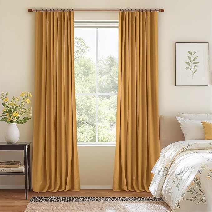 INOVADAY 100% Blackout Curtains for Bedroom, Black Out Curtains 96 Inch Long, Clip Rings Linen Blackout Drapes, Thermal Insulated Room Darkening for Living Room, 2 Panels - Mustard Yellow,W50xL96