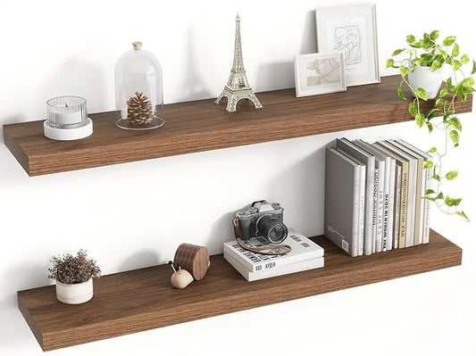 36 Inch Floating Shelves, 8 Inch Deep Floating Shelves for Wall, Hanging Shelf with Invisible Brackets, Deep Shelves for Bathroom, Bedroom, Living Room, Walnut, Set of 2