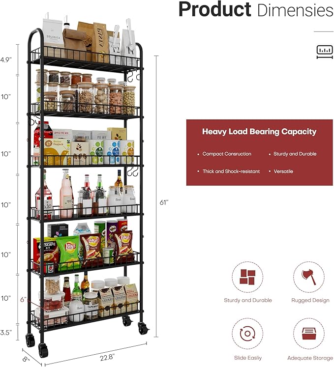 Rolling Storage Cart with Wheels, Slim Rolling Utility Cart with Wheels, 6-Tier Narrow Storage Cart for Kitchen, Bathroom, Laundry, Dorm, Metal Organizer Cart for Small Spaces (Black, 6 INCH)