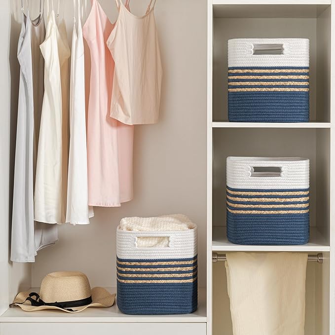 UBBCARE Set of 4 Storage Cubes 11 X 10.5 X 10.5 in, Water Hyacinth Storage Bins for Shelves, Toys, Books, Organizing Baskets with Handles, Cotton Rope Woven Baskets, Blue