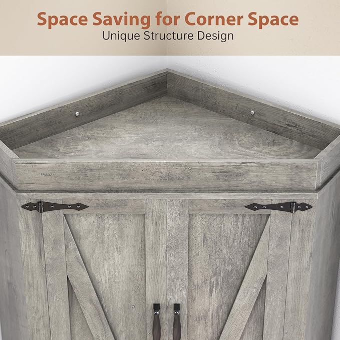 Corner Kitchen Pantry Storage Cabinet with Doors, Kitchen Hutch, 71'' Tall Food Storage Cabinet Furniture for Living Room, Dining Room (Grey)