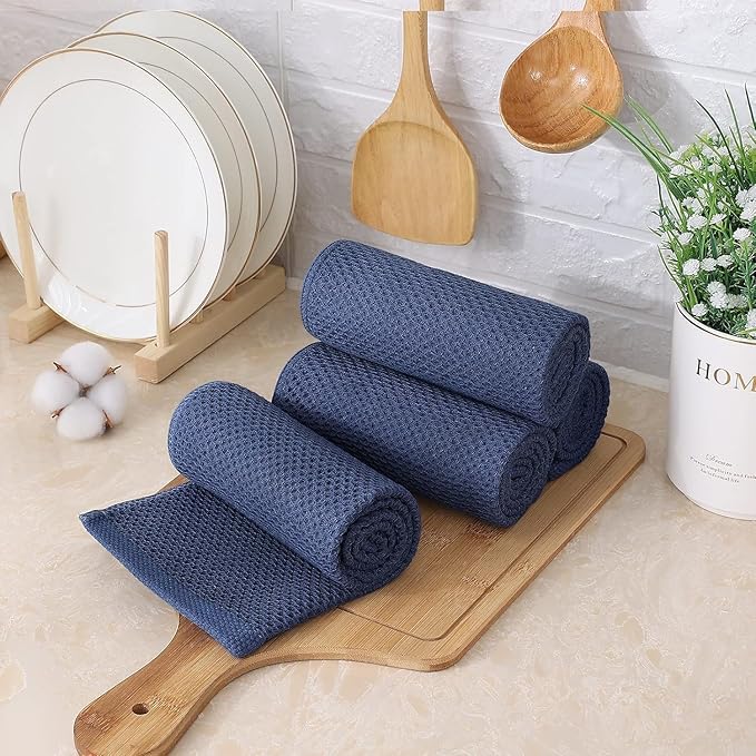 Kitinjoy 100% Cotton Waffle Weave Kitchen Hand Towels (13 X 28 Inches, Navy Blue), 12-Pack Super Soft and Absorbent Dish Towel for Drying Dishes