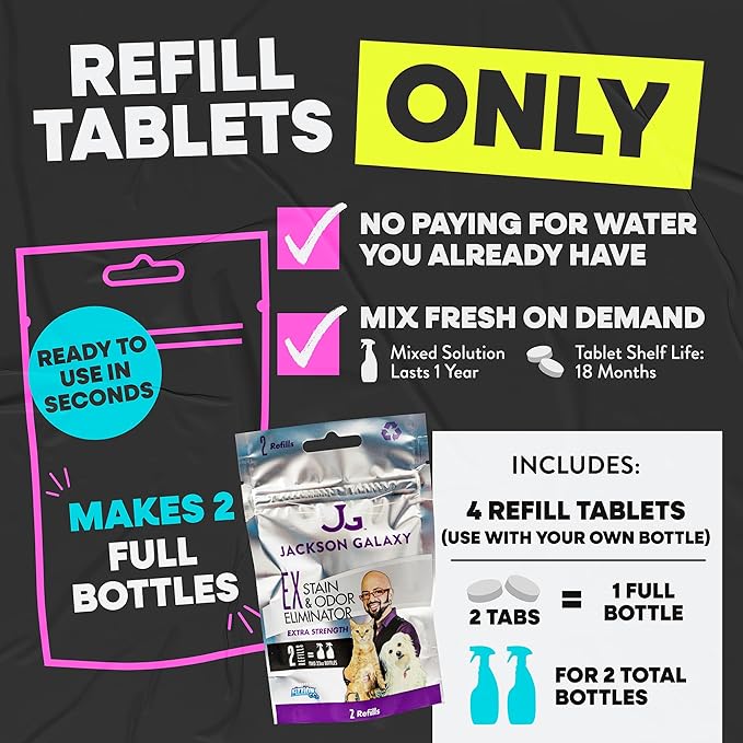 Jackson Galaxy EX Stain & Odor Eliminator - Pet Urine Remover Refill Tablets - Fast Acting & Non-Toxic CO2 Based Cat Pee Cleaner, Refill Tablets for 2 Full Solutions - Made by a Cat Expert