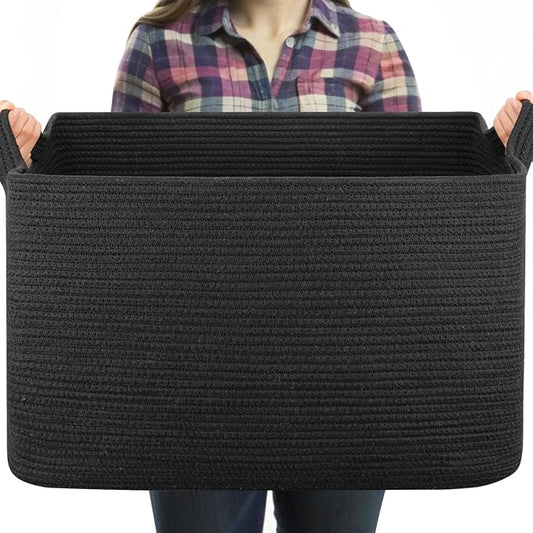 95L Large Blanket Basket, Black Blanket Storage Living Room, Rectangle Woven Baskets for Storage Toys, Towels, Dirty Clothes Organizer Bins (Black)