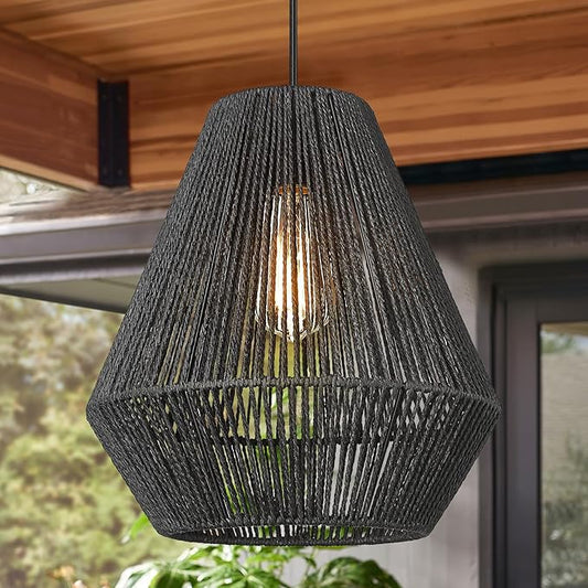 ELYONA Modern Woven Pendant Light Fixtures 11.8" Farmhouse Coastal Hanging Lamp Matte Black Handwoven Rattan Basket Shade Boho Pendant Light for Kitchen Island Dining Room Bar Bedroom Foyer Hallway