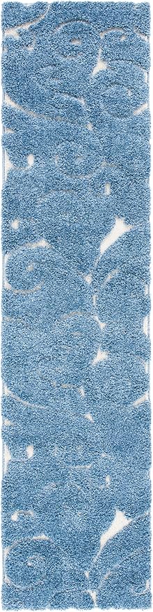 SAFAVIEH Florida Shag Collection Runner Rug - 2'3" x 9', Light Blue & Cream, Scroll Design, Non-Shedding & Easy to Clean, High-Low Plush Pile, Ideal for Bedroom, Foyer, Hallway (SG455-6011)