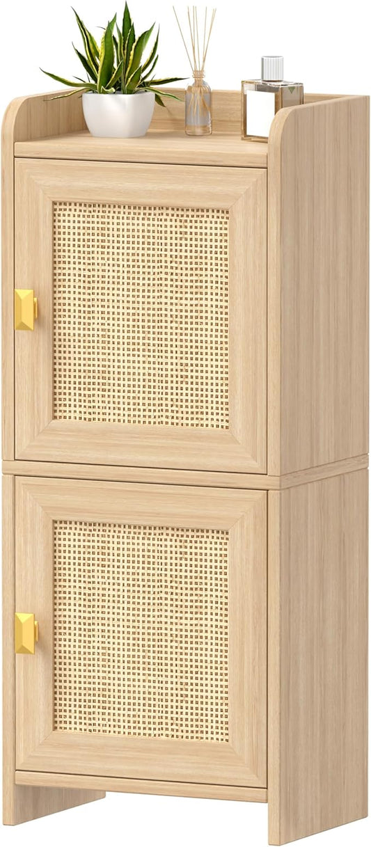 Rattan Small Bathroom Cabinet with 2 Doors, 7.9''D x 11.8''W Narrow Toilet Paper Storage Cabinet, Bathroom Organizer for Small Space, Wooden Slim Corner Unit with Adjustable Shelf, Natural Oak