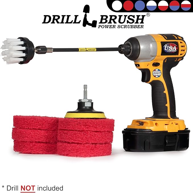 Drill Brush - Bathroom - Power Scouring Pads - Shower Cleaner - Scrub Brush - Shower Doors - Bathroom Sink - Tub - Bath Mat - Baseboard - Vinyl Flooring - Mineral Deposits - Hard Water Stain Remover