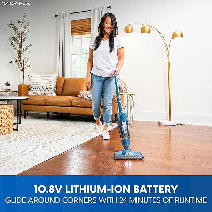 Vacmaster Portable 10.8V 2-in-1 Cordless Stick Lightweight Vacuum Cleaner with 2-Speed Power Control and LED Headlight for Hardwood Floor, Carpet & Pet Hair, Blue