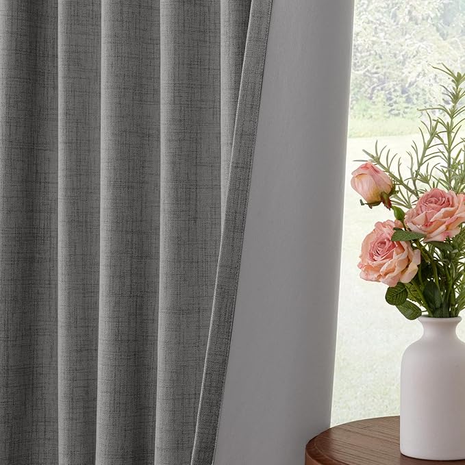 INOVADAY 100% Blackout Curtains for Bedroom, Black Out Curtains 102 Inch Long, Clip Rings Linen Blackout Drapes, Thermal Insulated Room Darkening for Living Room, 2 Panels - Drak Grey,W50xL102