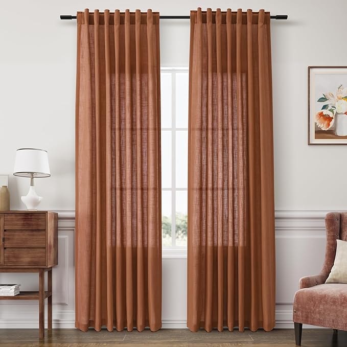Joywell Terracotta Back Tab Linen Curtains 90 Inches Long 2 Panels for Living Room Bedroom Neutral Boho Farmhouse Rustic Light Filtering Semi Sheer Curtains Window Treatment 52x90