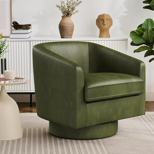 Swivel Barrel Accent Chair, Round Faux Leather Living Room Arm Chairs, Modern Upholstered Comfty Reading Nook Chairs for Bedroom, Small Club Armchair, Single Sofa Side Chair, Green