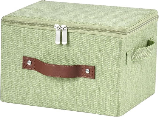 Storage Bins with Zipper Lid Cotton Linen Fabric Lidded Storage Baskets Boxes Foldable Washable Closet Shelf Clothes Organizer Container with PU Leather Handles (Green, Small Size)