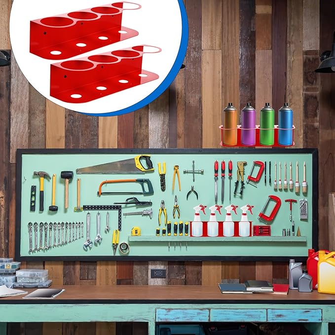 2 Pcs All Purpose Steel Spray Bottle Holder Heavy Duty Can Holder Rack Organizer Easy Install Wall Mount Paint Spray Bottle Organizer Storage Rack for Garage Home Workspace(Red,4 Holes)