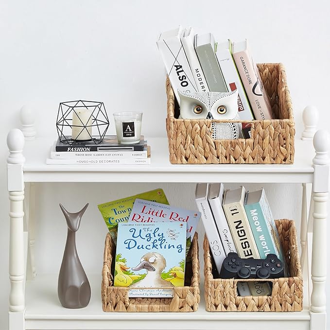 Vagusicc Wicker Storage Baskets for Organizing, 3-pack Hand-Woven Wicker Baskets with Built-in Handles, Water Hyacinth Storage Baskets for Shelves Storage, Small Pantry Baskets Kitchen Organizers