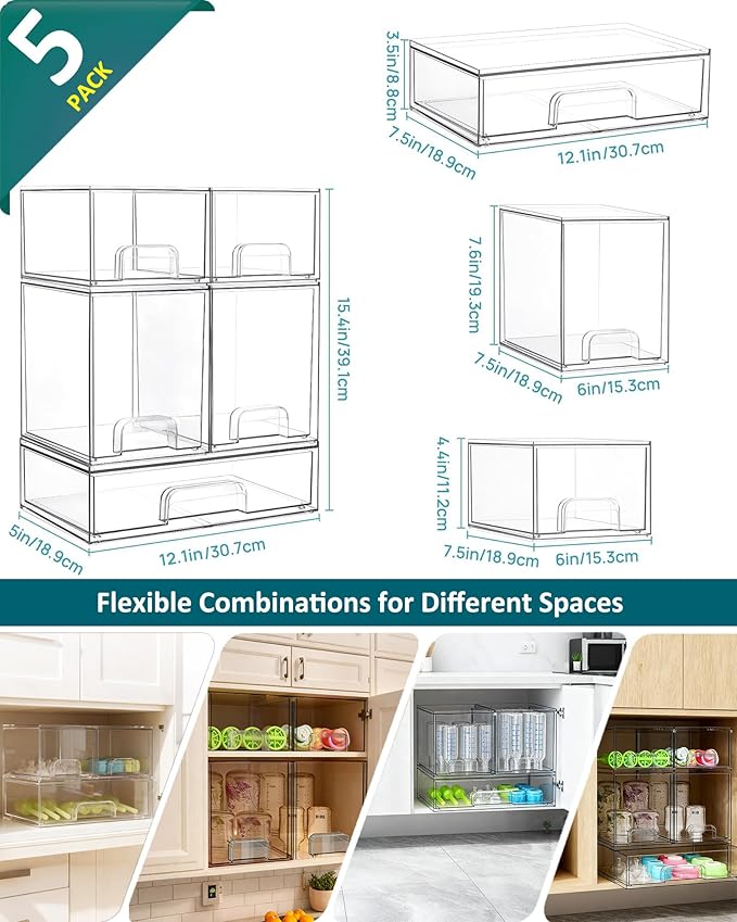 Baby Bottle Organizer for Countertop with Dust Protection, 5Pack Stackable Baby Organizers and Storage for Bottles, Clear Acrylic Container with Drawer for Kitchen, Cabinet, Vanity, Bathroom, Pantry