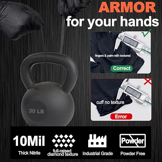10mil Nitrile-Gloves Disposable - Chemical-Resistant Rubber - Mechanic Gloves Heavy Duty, Latex Free, Diamond Grip (1000,Black Medium)