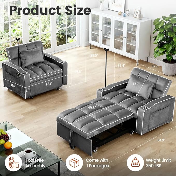 Convertible Sleeper Chair, Pull Out Chair Sleeper with Bracket and Cup Holder, Chairs Bed Sleepers for Adults, 3 in 1 Sofa Bed Chairs for Small Spaces, Living Room, Gray