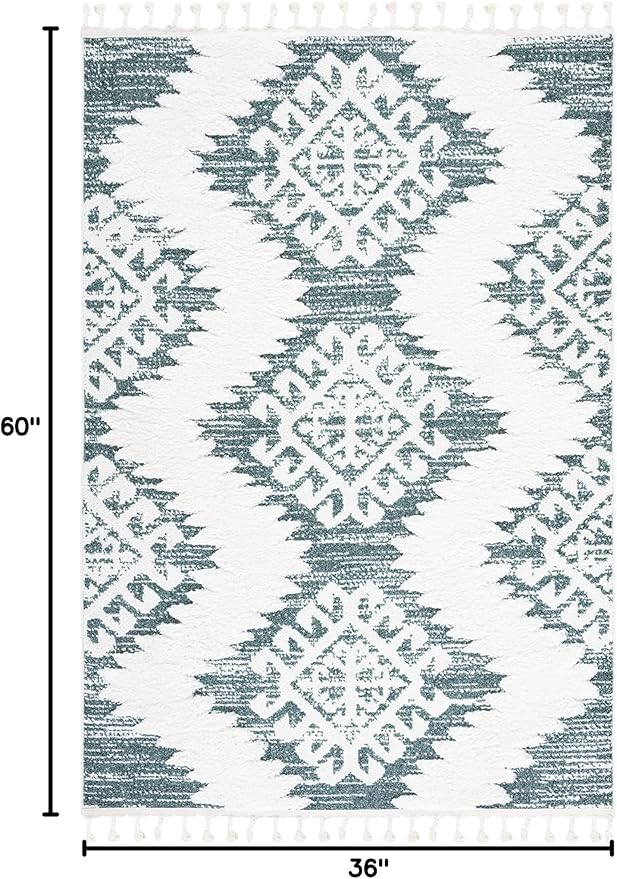 SAFAVIEH Moroccan Tassel Shag Collection Accent Rug - 3' x 5', Green & Ivory, Boho Design, Non-Shedding & Easy Care, 2-inch Thick Ideal for High Traffic Areas in Foyer, Living Room, Bedroom (MTS652Y)