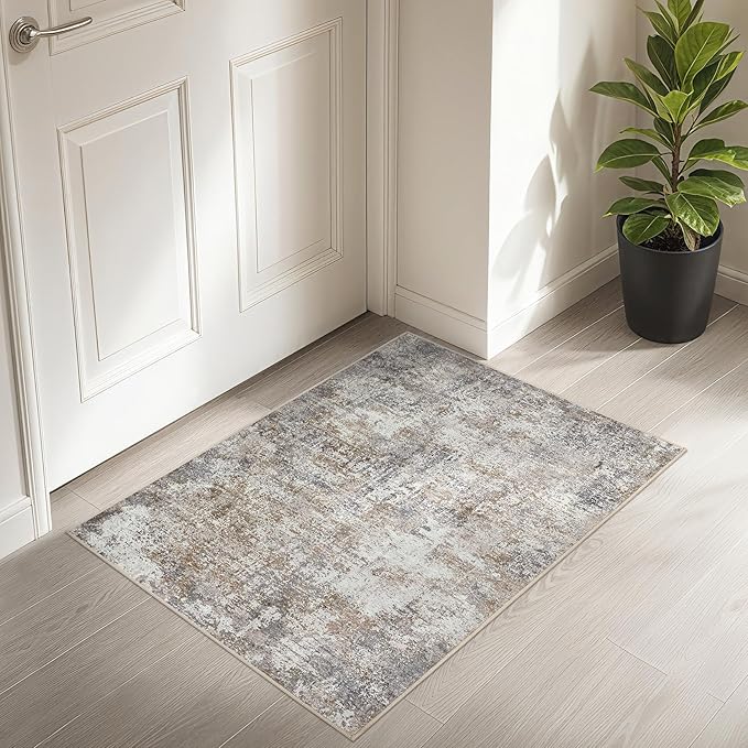Area Rug Living Room Rugs - 2x3 Washable Soft Neutral Modern Abstract Low Pile Rug Carpet for Bedroom Dining Room Farmhouse Home Office - Brown/Grey/Black