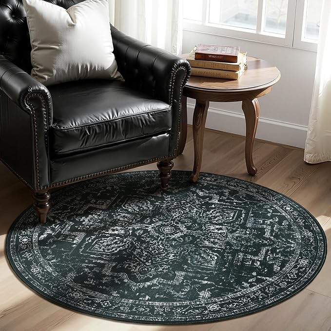 Round Rugs 4ft Black White, Low Pile Thin Washable Non Slip Small Circle Rug for Entryway Kitchen Dining Room, Tranditional Medallion Round Carpet for Bedroom Living Room
