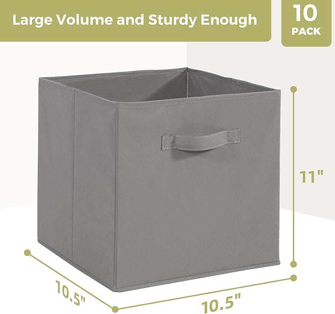 Storage Cubes, 11 Inch Cube Storage Bins, Set of 10, Fabric Foldable Storage Bins With Handles, Closet Storage Organizer Bins, Cubby Clothing Storage Baskets for Shelves, Gray