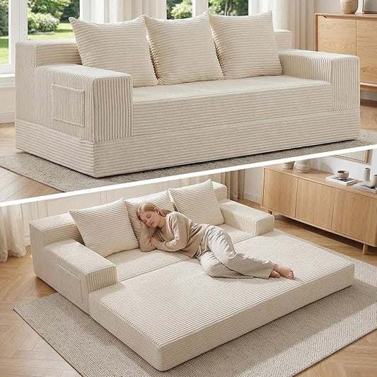 78" Convertible Sofa Bed, Foldable Floor Couch Futon Sofa,High-Density Sponge Boneless Couch, 3 Seater Sleeper Couch with 3 Pillows for Living Room Bedroom Lounge (Beige)