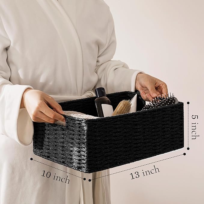 joybest Black Wicker Baskets, Woven Paper Rope Storage Baskets for Organizing, Foldable Rectangular Storage Organizer Bins for Shelves with Built-in Handles 13L x 10W x 5H inch, 2-pack